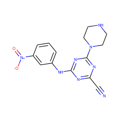 N#Cc1nc(Nc2cccc([N+](=O)[O-])c2)nc(N2CCNCC2)n1 ZINC001772635898