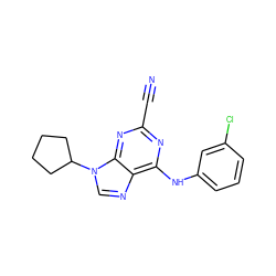 N#Cc1nc(Nc2cccc(Cl)c2)c2ncn(C3CCCC3)c2n1 ZINC000036379293