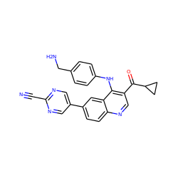 N#Cc1ncc(-c2ccc3ncc(C(=O)C4CC4)c(Nc4ccc(CN)cc4)c3c2)cn1 ZINC000114034150