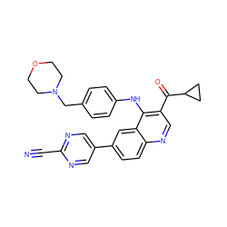 N#Cc1ncc(-c2ccc3ncc(C(=O)C4CC4)c(Nc4ccc(CN5CCOCC5)cc4)c3c2)cn1 ZINC000114035756