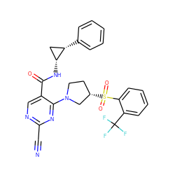 N#Cc1ncc(C(=O)N[C@@H]2C[C@@H]2c2ccccc2)c(N2CC[C@H](S(=O)(=O)c3ccccc3C(F)(F)F)C2)n1 ZINC000169684963