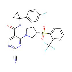 N#Cc1ncc(C(=O)NC2(c3ccc(F)cc3)CC2)c(N2CC[C@H](S(=O)(=O)c3ccccc3C(F)(F)F)C2)n1 ZINC000169684962