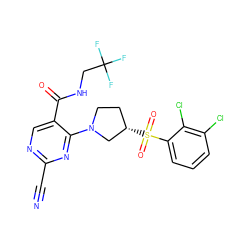 N#Cc1ncc(C(=O)NCC(F)(F)F)c(N2CC[C@H](S(=O)(=O)c3cccc(Cl)c3Cl)C2)n1 ZINC000169685009