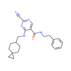 N#Cc1ncc(C(=O)NCCc2ccccc2)c(NCC2CCC3(CC2)CC3)n1 ZINC000040847605