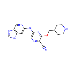 N#Cc1ncc(Nc2cc3[nH]cnc3cn2)nc1OCC1CCNCC1 ZINC000082154505