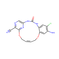 N#Cc1ncc2nc1OC/C=C\COc1cc(N)c(Cl)cc1NC(=O)N2 ZINC000028962695