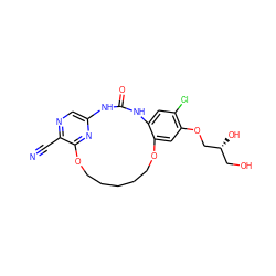 N#Cc1ncc2nc1OCCCCCOc1cc(OC[C@H](O)CO)c(Cl)cc1NC(=O)N2 ZINC000014958188