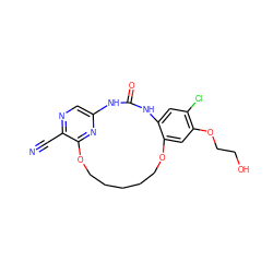 N#Cc1ncc2nc1OCCCCCOc1cc(OCCO)c(Cl)cc1NC(=O)N2 ZINC000014958195