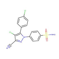 N#Cc1nn(-c2ccc(S(N)(=O)=O)cc2)c(-c2ccc(Cl)cc2)c1Cl ZINC000003814713