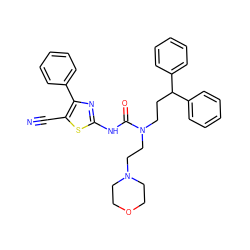 N#Cc1sc(NC(=O)N(CCC(c2ccccc2)c2ccccc2)CCN2CCOCC2)nc1-c1ccccc1 ZINC000103240099