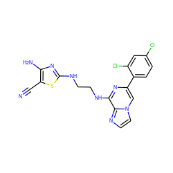 N#Cc1sc(NCCNc2nc(-c3ccc(Cl)cc3Cl)cn3ccnc23)nc1N ZINC000043201672