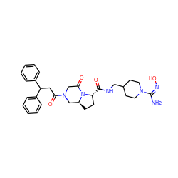 N/C(=N/O)N1CCC(CNC(=O)[C@@H]2CC[C@H]3CN(C(=O)CC(c4ccccc4)c4ccccc4)CC(=O)N32)CC1 ZINC000034689155