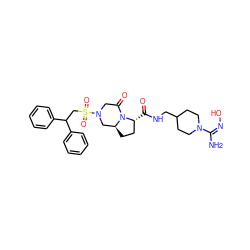 N/C(=N/O)N1CCC(CNC(=O)[C@@H]2CC[C@H]3CN(S(=O)(=O)CC(c4ccccc4)c4ccccc4)CC(=O)N32)CC1 ZINC000034689143