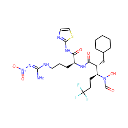 N/C(=N\[N+](=O)[O-])NCCC[C@H](NC(=O)[C@H](CC1CCCCC1)[C@H](CCC(F)(F)F)N(O)C=O)C(=O)Nc1nccs1 ZINC000003923976