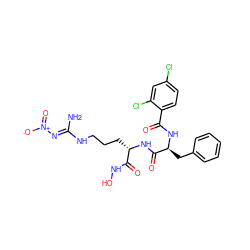 N/C(=N\[N+](=O)[O-])NCCC[C@H](NC(=O)[C@H](Cc1ccccc1)NC(=O)c1ccc(Cl)cc1Cl)C(=O)NO ZINC000049757491