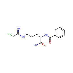 N=C(CCl)NCCC[C@H](NC(=O)c1ccccc1)C(N)=O ZINC000071746281