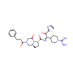 N=C(N)N1CCC([C@@H](NC(=O)[C@@H]2CC[C@H]3CN(C(=O)CCc4ccccc4)CC(=O)N32)C(=O)c2nccs2)CC1 ZINC000027077906