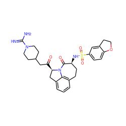 N=C(N)N1CCC(CC(=O)[C@@H]2Cc3cccc4c3N2C(=O)[C@@H](NS(=O)(=O)c2ccc3c(c2)CCO3)CC4)CC1 ZINC000027854679