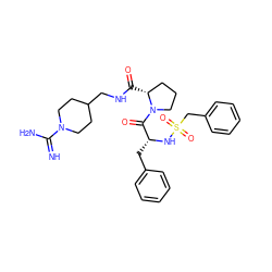 N=C(N)N1CCC(CNC(=O)[C@@H]2CCCN2C(=O)[C@@H](Cc2ccccc2)NS(=O)(=O)Cc2ccccc2)CC1 ZINC000003807296