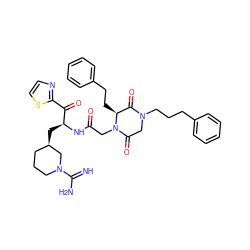 N=C(N)N1CCC[C@@H](C[C@H](NC(=O)CN2C(=O)CN(CCCc3ccccc3)C(=O)[C@@H]2CCc2ccccc2)C(=O)c2nccs2)C1 ZINC000026499809