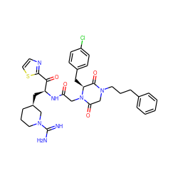 N=C(N)N1CCC[C@@H](C[C@H](NC(=O)CN2C(=O)CN(CCCc3ccccc3)C(=O)[C@@H]2Cc2ccc(Cl)cc2)C(=O)c2nccs2)C1 ZINC000026502647