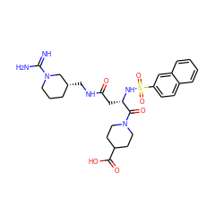 N=C(N)N1CCC[C@@H](CNC(=O)C[C@H](NS(=O)(=O)c2ccc3ccccc3c2)C(=O)N2CCC(C(=O)O)CC2)C1 ZINC000027307659