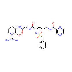 N=C(N)N1CCC[C@H](NC(=O)CNC(=O)[C@@H](CCCNC(=O)c2cnccn2)NS(=O)(=O)Cc2ccccc2)[C@@H]1O ZINC000027100320