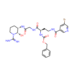 N=C(N)N1CCC[C@H](NC(=O)CNC(=O)[C@@H](CCNC(=O)c2cncc(Br)c2)NC(=O)OCc2ccccc2)[C@@H]1O ZINC000027095520