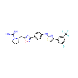 N=C(N)N1CCC[C@H]1Cc1nc(-c2ccc(Nc3nc(-c4cc(F)cc(C(F)(F)F)c4)cs3)cc2)no1 ZINC001772573845