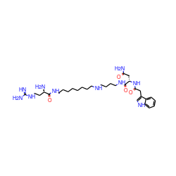 N=C(N)NCC[C@@H](N)C(=O)NCCCCCCCCNCCCCNC(=O)[C@H](CC(N)=O)NC(=O)Cc1c[nH]c2ccccc12 ZINC000095595768