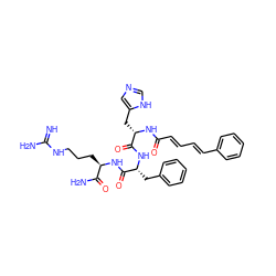 N=C(N)NCCC[C@@H](NC(=O)[C@@H](Cc1ccccc1)NC(=O)[C@H](Cc1cnc[nH]1)NC(=O)/C=C/C=C/c1ccccc1)C(N)=O ZINC000049679955