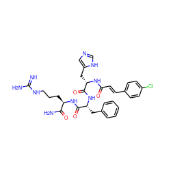 N=C(N)NCCC[C@@H](NC(=O)[C@@H](Cc1ccccc1)NC(=O)[C@H](Cc1cnc[nH]1)NC(=O)/C=C/c1ccc(Cl)cc1)C(N)=O ZINC000049678688