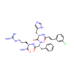 N=C(N)NCCC[C@@H](NC(=O)[C@@H](Cc1ccccc1)NC(=O)[C@H](Cc1cnc[nH]1)NC(=O)/C=C/c1cccc(Cl)c1)C(N)=O ZINC000049678265