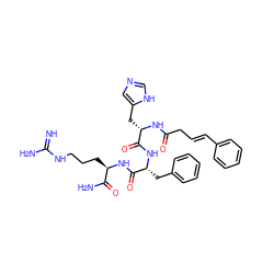 N=C(N)NCCC[C@@H](NC(=O)[C@@H](Cc1ccccc1)NC(=O)[C@H](Cc1cnc[nH]1)NC(=O)C/C=C/c1ccccc1)C(N)=O ZINC000049677814