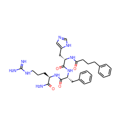 N=C(N)NCCC[C@@H](NC(=O)[C@@H](Cc1ccccc1)NC(=O)[C@H](Cc1cnc[nH]1)NC(=O)CCCc1ccccc1)C(N)=O ZINC000049680044