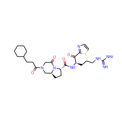 N=C(N)NCCC[C@@H](NC(=O)[C@@H]1CC[C@H]2CN(C(=O)CCC3CCCCC3)CC(=O)N21)C(=O)c1nccs1 ZINC000026958447