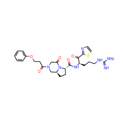 N=C(N)NCCC[C@@H](NC(=O)[C@@H]1CC[C@H]2CN(C(=O)CCOc3ccccc3)CC(=O)N21)C(=O)c1nccs1 ZINC000026958424