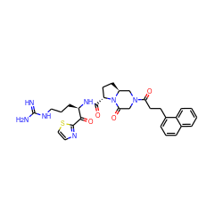 N=C(N)NCCC[C@@H](NC(=O)[C@@H]1CC[C@H]2CN(C(=O)CCc3cccc4ccccc34)CC(=O)N21)C(=O)c1nccs1 ZINC000026934906