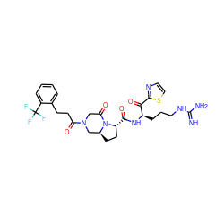 N=C(N)NCCC[C@@H](NC(=O)[C@@H]1CC[C@H]2CN(C(=O)CCc3ccccc3C(F)(F)F)CC(=O)N21)C(=O)c1nccs1 ZINC000026970813