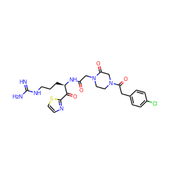 N=C(N)NCCC[C@@H](NC(=O)CN1CCN(C(=O)Cc2ccc(Cl)cc2)CC1=O)C(=O)c1nccs1 ZINC000027764552