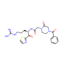 N=C(N)NCCC[C@@H](NC(=O)CN1CCN(C(=O)c2ccccc2)CC1=O)C(=O)c1nccs1 ZINC000027849323