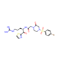 N=C(N)NCCC[C@@H](NC(=O)CN1CCN(S(=O)(=O)c2ccc(Br)cc2)CC1=O)C(=O)c1nccs1 ZINC000027846234