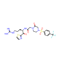 N=C(N)NCCC[C@@H](NC(=O)CN1CCN(S(=O)(=O)c2ccc(C(F)(F)F)cc2)CC1=O)C(=O)c1nccs1 ZINC000027844770