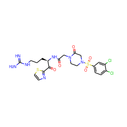 N=C(N)NCCC[C@@H](NC(=O)CN1CCN(S(=O)(=O)c2ccc(Cl)c(Cl)c2)CC1=O)C(=O)c1nccs1 ZINC000027849264