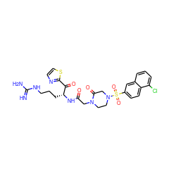 N=C(N)NCCC[C@@H](NC(=O)CN1CCN(S(=O)(=O)c2ccc3c(Cl)cccc3c2)CC1=O)C(=O)c1nccs1 ZINC000027843676