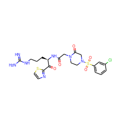 N=C(N)NCCC[C@@H](NC(=O)CN1CCN(S(=O)(=O)c2cccc(Cl)c2)CC1=O)C(=O)c1nccs1 ZINC000027849306