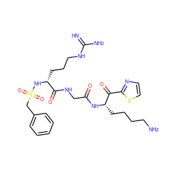 N=C(N)NCCC[C@@H](NS(=O)(=O)Cc1ccccc1)C(=O)NCC(=O)N[C@@H](CCCCN)C(=O)c1nccs1 ZINC000029125954