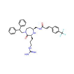 N=C(N)NCCC[C@@H]1N[C@H](CNC(=O)/C=C/c2ccc(C(F)(F)F)cc2)CCN(CC(c2ccccc2)c2ccccc2)C1=O ZINC000118695062