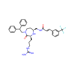 N=C(N)NCCC[C@@H]1N[C@H](CNC(=O)/C=C/c2cccc(C(F)(F)F)c2)CCN(CC(c2ccccc2)c2ccccc2)C1=O ZINC000118678226