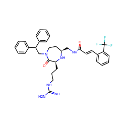 N=C(N)NCCC[C@@H]1N[C@H](CNC(=O)/C=C/c2ccccc2C(F)(F)F)CCN(CC(c2ccccc2)c2ccccc2)C1=O ZINC000118677089